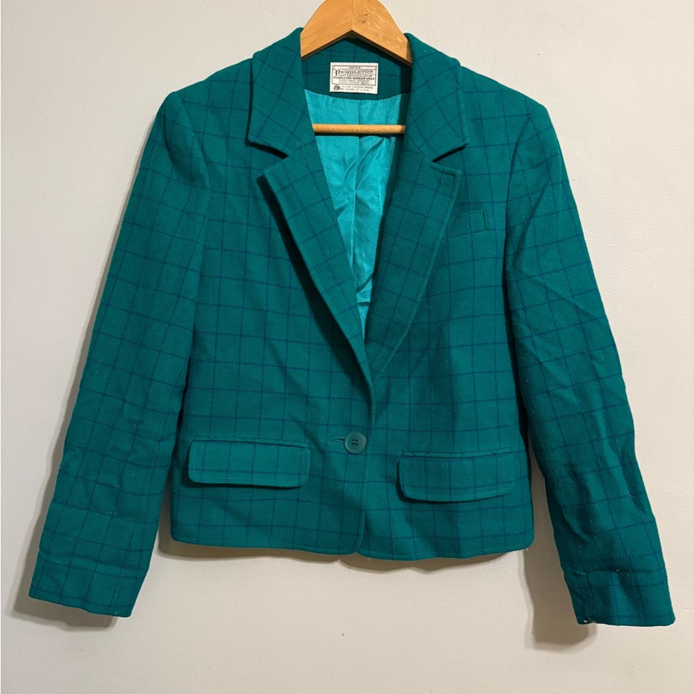 SALE! Pendleton Vintage Wool Blue Green Blazer Tailored Fit Made in Portland